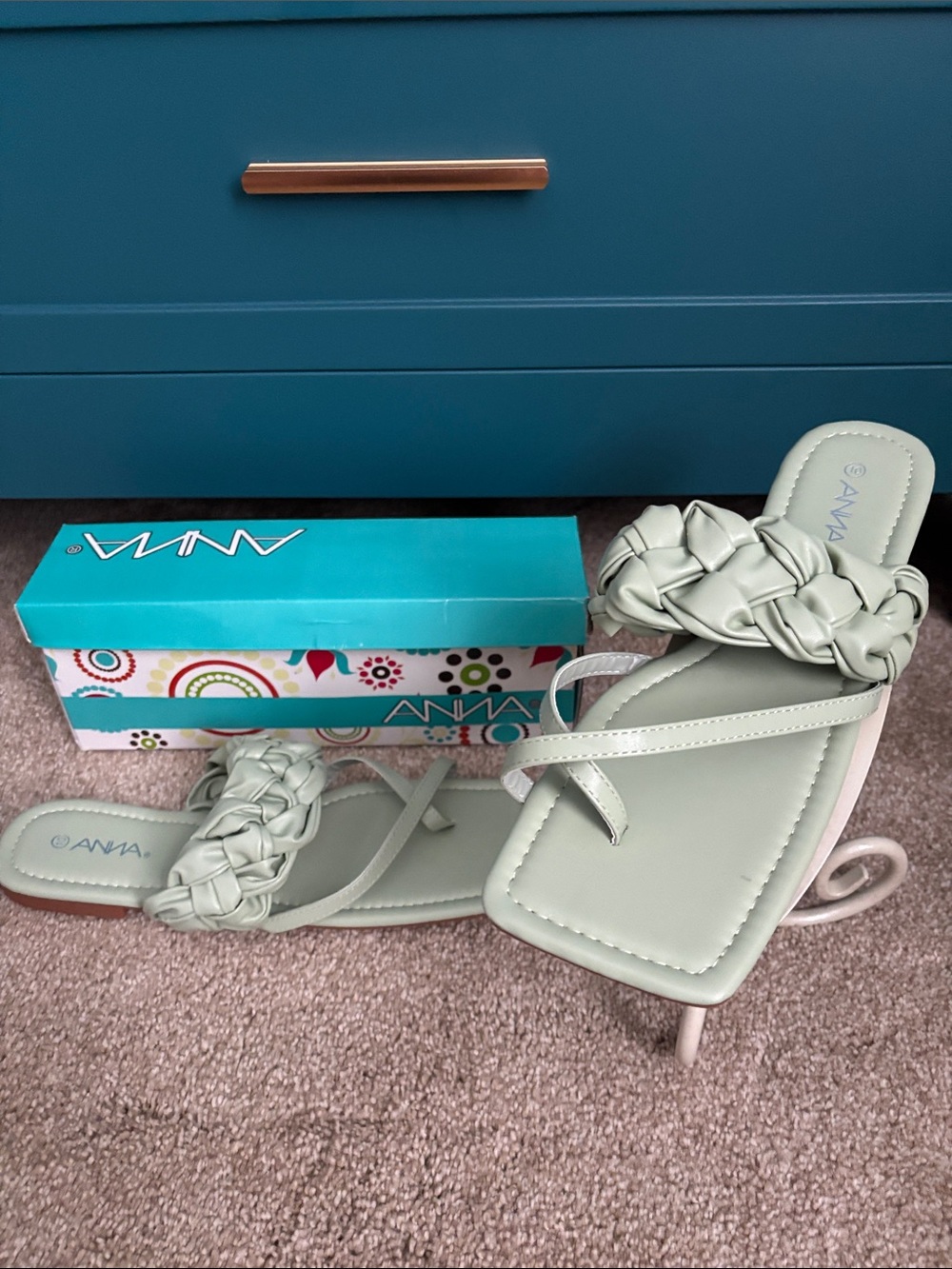 ANNA Braided Square-Toe Slide Sandals in Pale Green